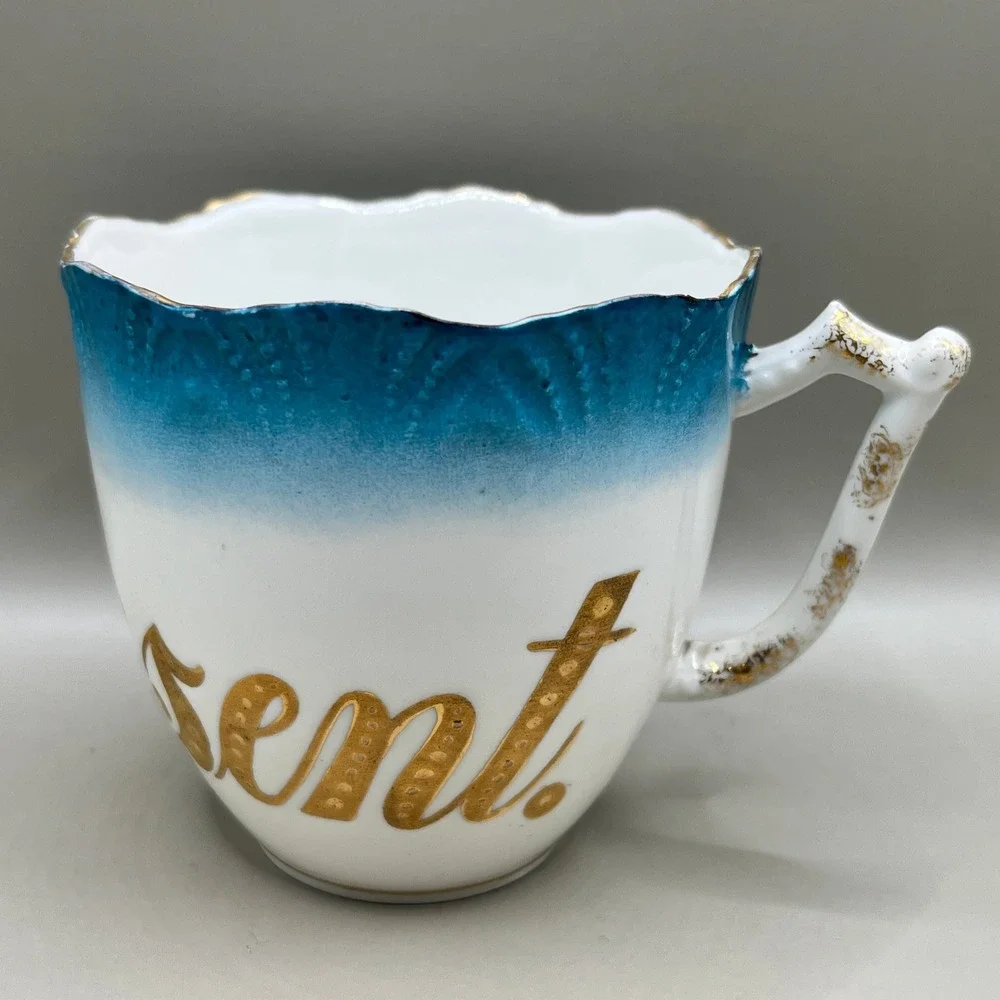 Antique Weimar Germany Porcelain A Present Cup Teal Blue Gold Scalloped As Is